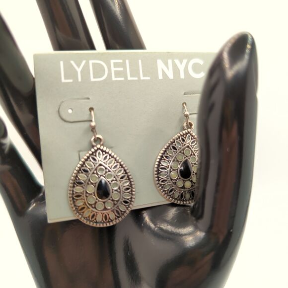 Lydell NYC - Teardrop Filigree Dangle Earrings - Black Sage Silver Tone - Picture 2 of 2